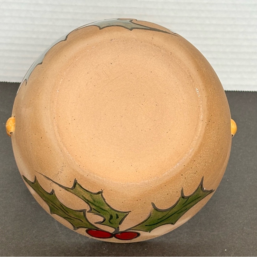 Christmas Art Pottery Bowl with Bamboo Handle Hand Painted Holly w/matching Vase - Picture 5 of 14